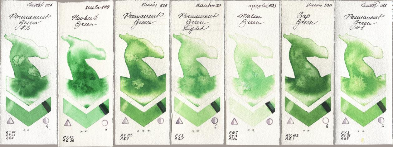 Holbein Artists Watercolor 067 Permanent Green No 2, Sennelier l Aquarelle 809 Hookers Green, Shminke Horadam Aquarell 526 Permanent Green, Daniel Smith 067 Permanent Green Light, Mijello Mission Gold 593 Melon Green, 530 Sap Green, 066 Permanent Green No watercolor swatch