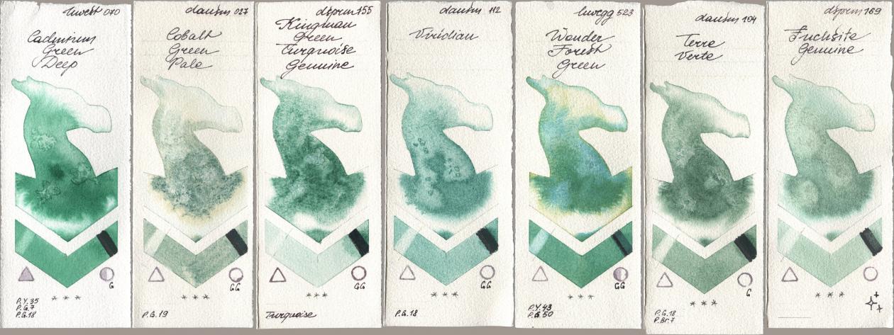 Holbein Artists Watercolor 070 Cadmium Green Deep, Daniel Smith 027 Cobalt Green Pale, 155 Kingman Green Turquoise Genuine, 112 Viridian, 523 Wonder Forest Green, 104 Terre Verte, 169 Fuchsite Genui watercolor swatch