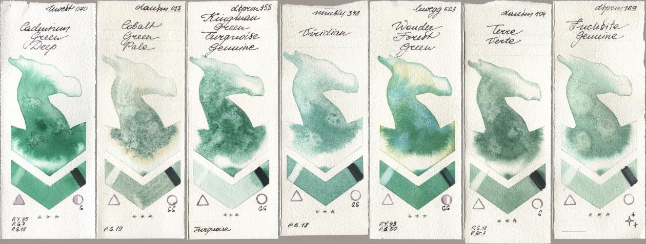 Holbein Artists Watercolor 070 Cadmium Green Deep, Daniel Smith 027 Cobalt Green Pale, 155 Kingman Green Turquoise Genuine, Maimeri Blu 348 Viridian, 523 Wonder Forest Green, 104 Terre Verte, 169 Fuchsite Genui watercolor swatch