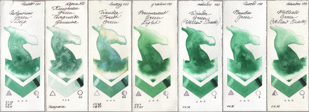 Holbein Artists Watercolor 070 Cadmium Green Deep, Daniel Smith 155 Kingman Green Turquoise Genuine, 523 Wonder Forest Green, M. Graham & Co. Artists 130 Permanent Green Light, Winsor & Newton Professional 721 Winsor Green (Yellow shade), 078 Bamboo Green, 079 Phthalo Green (Yellow Shad watercolor swatch