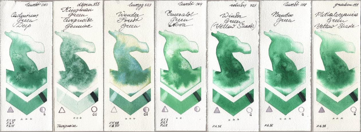 Holbein Artists Watercolor 070 Cadmium Green Deep, Daniel Smith 155 Kingman Green Turquoise Genuine, 523 Wonder Forest Green, 064 Emerald Green Nova, Winsor & Newton Professional 721 Winsor Green (Yellow shade), 078 Bamboo Green, M. Graham & Co. Artists 151 Phthalocyanine Green Yellow Sha watercolor swatch
