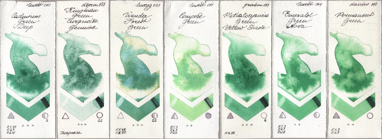 Holbein Artists Watercolor 070 Cadmium Green Deep, Daniel Smith 155 Kingman Green Turquoise Genuine, 523 Wonder Forest Green, 071 Compose Green, M. Graham & Co. Artists 151 Phthalocyanine Green Yellow Shade, 064 Emerald Green Nova, 070 Permanent Gre watercolor swatch
