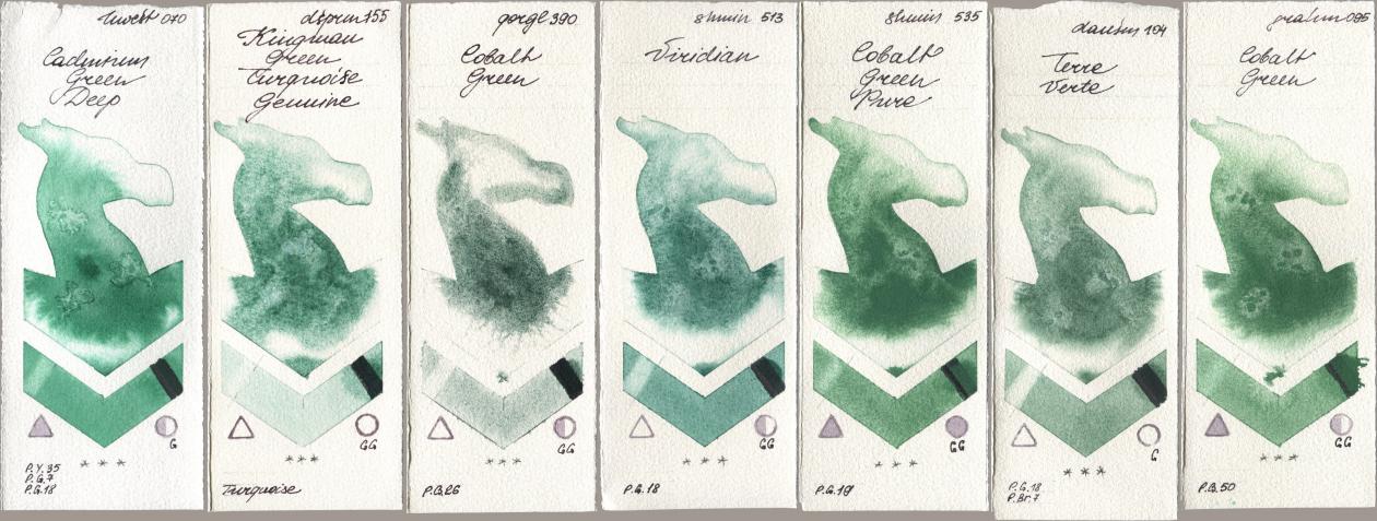 Holbein Artists Watercolor 070 Cadmium Green Deep, Daniel Smith 155 Kingman Green Turquoise Genuine, Golden QOR 390 Cobalt Green, Shminke Horadam Aquarell 513 Viridian, 535 Cobalt Green Pure, 104 Terre Verte, M. Graham & Co. Artists 095 Cobalt Gre watercolor swatch