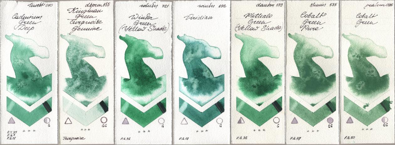 Holbein Artists Watercolor 070 Cadmium Green Deep, Daniel Smith 155 Kingman Green Turquoise Genuine, Winsor & Newton Professional 721 Winsor Green (Yellow shade), 692 Viridian, 079 Phthalo Green (Yellow Shade), Shminke Horadam Aquarell 535 Cobalt Green Pure, M. Graham & Co. Artists 095 Cobalt Gre watercolor swatch