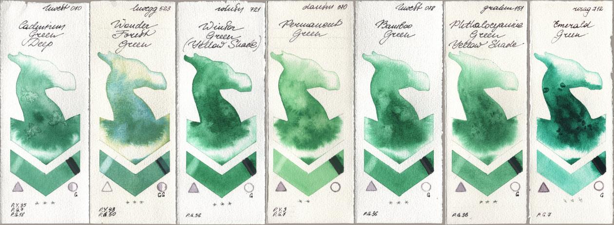 Holbein Artists Watercolor 070 Cadmium Green Deep, 523 Wonder Forest Green, Winsor & Newton Professional 721 Winsor Green (Yellow shade), Daniel Smith 070 Permanent Green, 078 Bamboo Green, M. Graham & Co. Artists 151 Phthalocyanine Green Yellow Shade, Rosa Gallery 712 Emerald Gre watercolor swatch