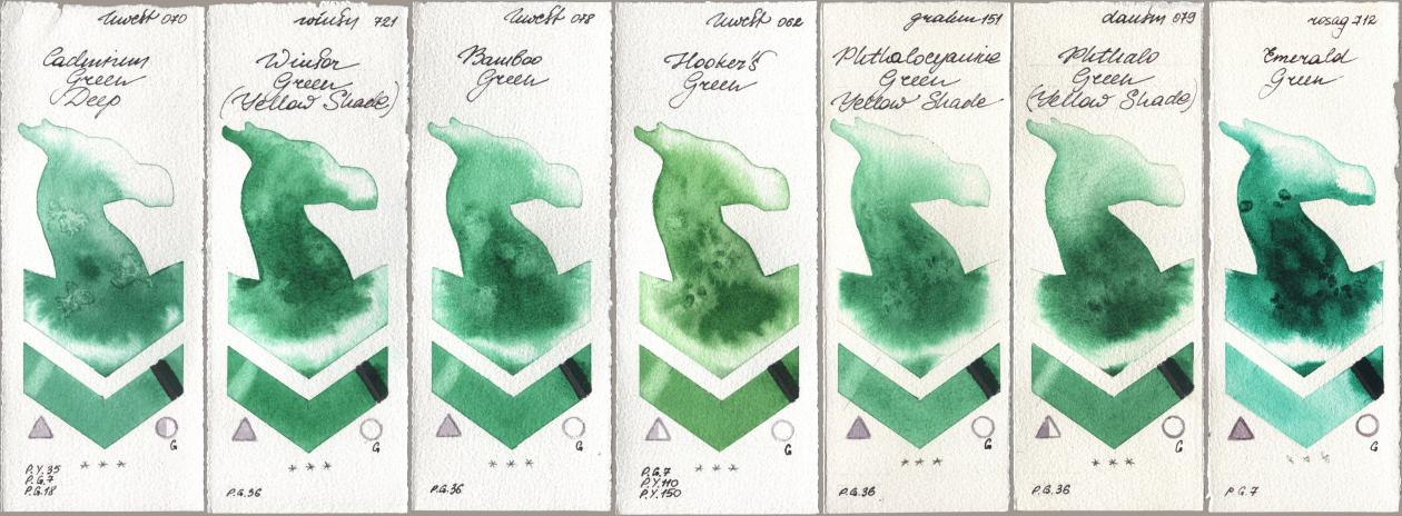 Holbein Artists Watercolor 070 Cadmium Green Deep, Winsor & Newton Professional 721 Winsor Green (Yellow shade), 078 Bamboo Green, 062 Hookers Green, M. Graham & Co. Artists 151 Phthalocyanine Green Yellow Shade, Daniel Smith 079 Phthalo Green (Yellow Shade), Rosa Gallery 712 Emerald Gre watercolor swatch
