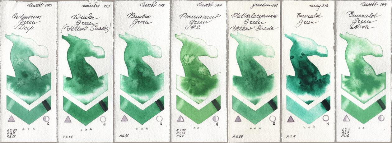 Holbein Artists Watercolor 070 Cadmium Green Deep, Winsor & Newton Professional 721 Winsor Green (Yellow shade), 078 Bamboo Green, 067 Permanent Green No 2, M. Graham & Co. Artists 151 Phthalocyanine Green Yellow Shade, Rosa Gallery 712 Emerald Green, 064 Emerald Green No watercolor swatch