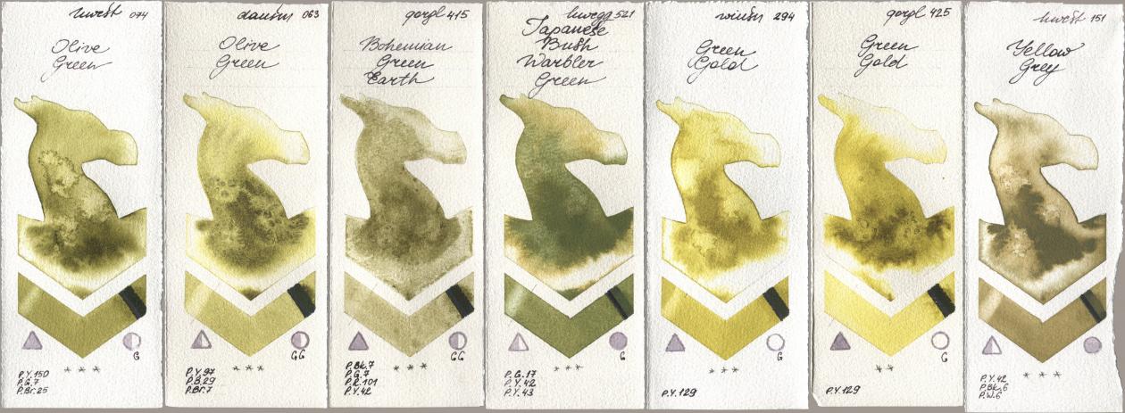 Holbein Artists Watercolor 074 Olive Green, Daniel Smith 063 Olive Green, Golden QOR 415 Bohemian Green Earth, 521 Japanese Bush Warbler Green, Winsor & Newton Professional 294 Green Gold, 425 Green Gold, 151 Yellow Gr watercolor swatch