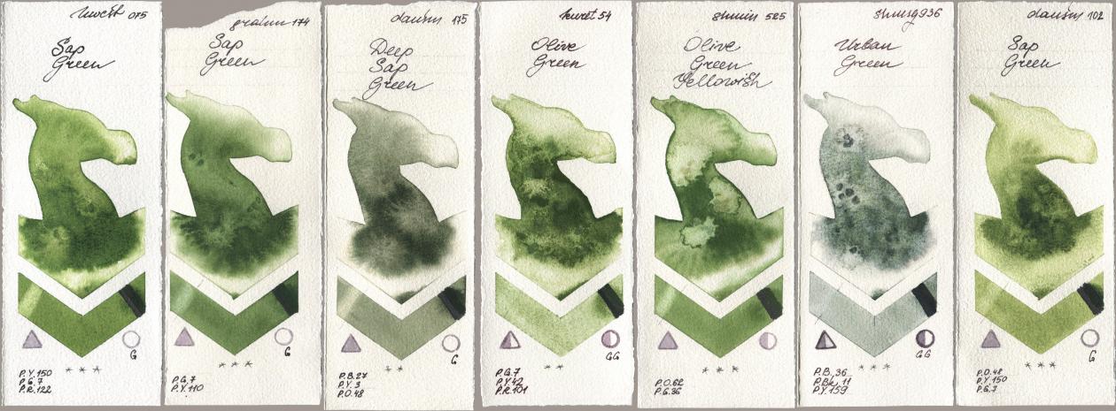 Holbein Artists Watercolor 075 Sap Green, M. Graham & Co. Artists 174 Sap Green, Daniel Smith 175 Deep Sap Green, Kuretake Gansai Tambi 054 Olive Green, Shminke Horadam Aquarell 525 Olive Green Yellowish, 936 Urban Green, 102 Sap Gre watercolor swatch