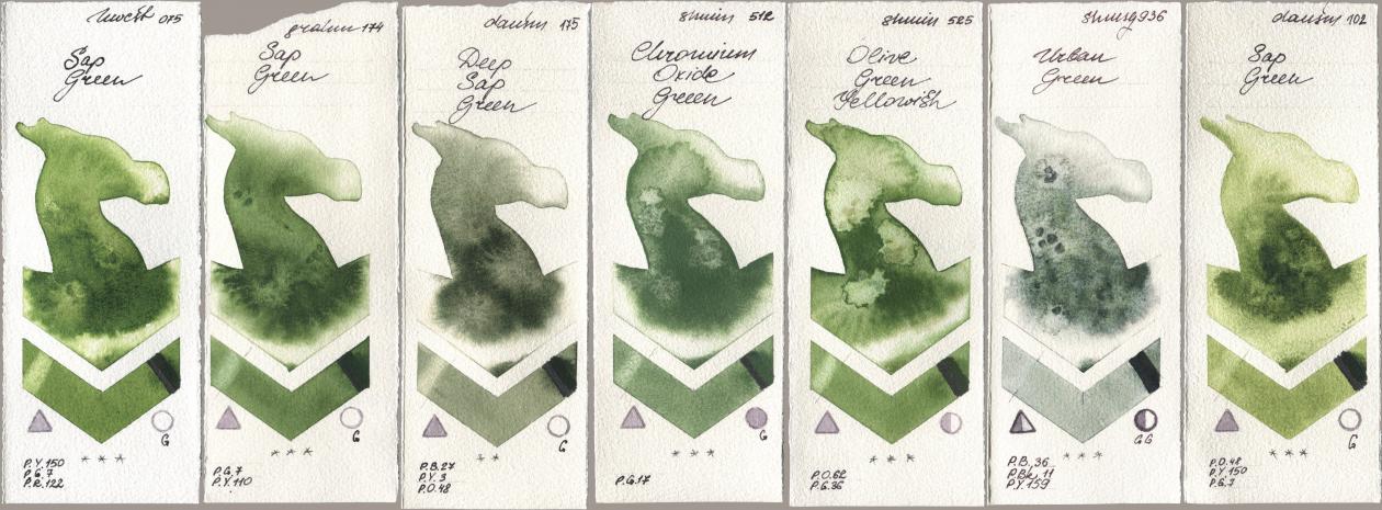 Holbein Artists Watercolor 075 Sap Green, M. Graham & Co. Artists 174 Sap Green, Daniel Smith 175 Deep Sap Green, Shminke Horadam Aquarell 512 Chromium Oxide Green, 525 Olive Green Yellowish, 936 Urban Green, 102 Sap Gre watercolor swatch