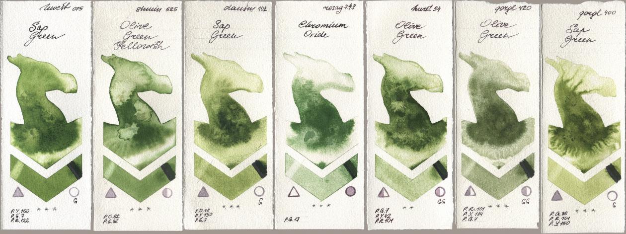 Holbein Artists Watercolor 075 Sap Green, Shminke Horadam Aquarell 525 Olive Green Yellowish, Daniel Smith 102 Sap Green, Rosa Gallery 743 Chromium Oxide, Kuretake Gansai Tambi 054 Olive Green, Golden QOR 420 Olive Green, 400 Sap Gre watercolor swatch