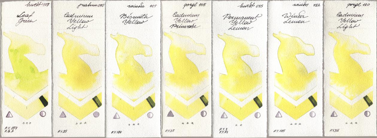 Holbein Artists Watercolor 077 Leaf Green, M. Graham & Co. Artists 070 Cadmium Yellow Light, Winsor & Newton Professional 025 Bismuth Yellow, Golden QOR 105 Cadmium Yellow Primrose, 035 Permanent Yellow Lemon, 722 Winsor Lemon, 120 Cadmium Yellow Lig watercolor swatch