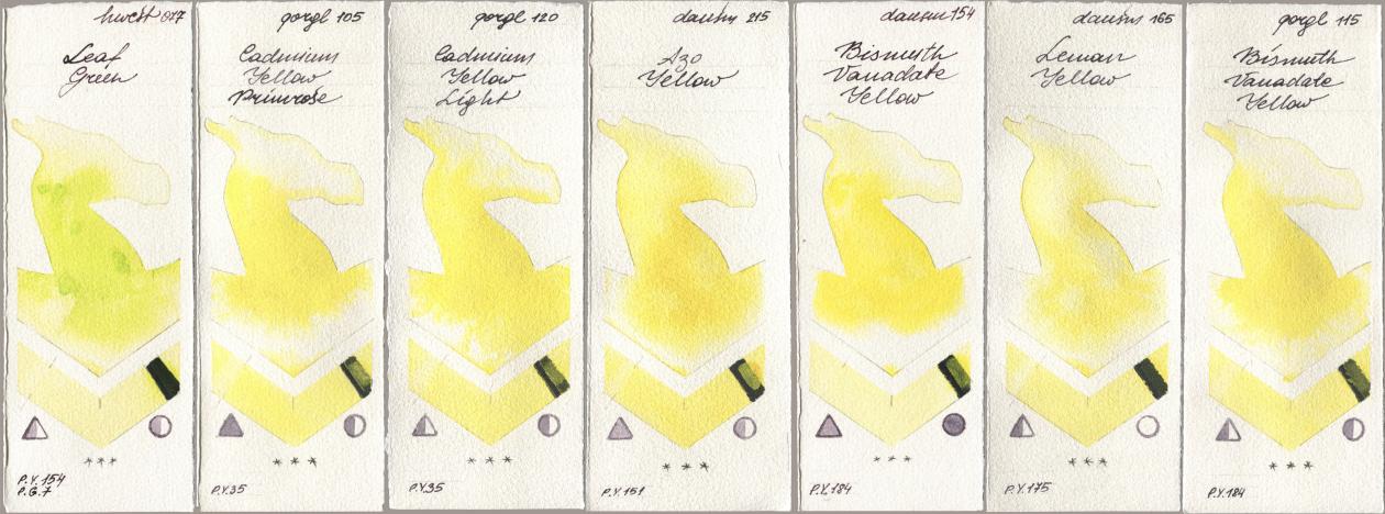 Holbein Artists Watercolor 077 Leaf Green, Golden QOR 105 Cadmium Yellow Primrose, 120 Cadmium Yellow Light, Daniel Smith 215 Azo Yellow, 154 Bismuth Vanadate Yellow, 165 Lemon Yellow, 115 Bismuth Vanadate Yell watercolor swatch