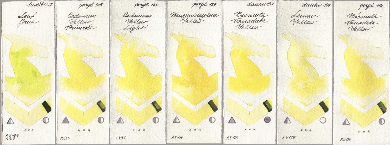 Holbein Artists Watercolor 077 Leaf Green, Golden QOR 105 Cadmium Yellow Primrose, 120 Cadmium Yellow Light, 126 Benzimidazolone Yellow, Daniel Smith 154 Bismuth Vanadate Yellow, 165 Lemon Yellow, 115 Bismuth Vanadate Yell watercolor swatch