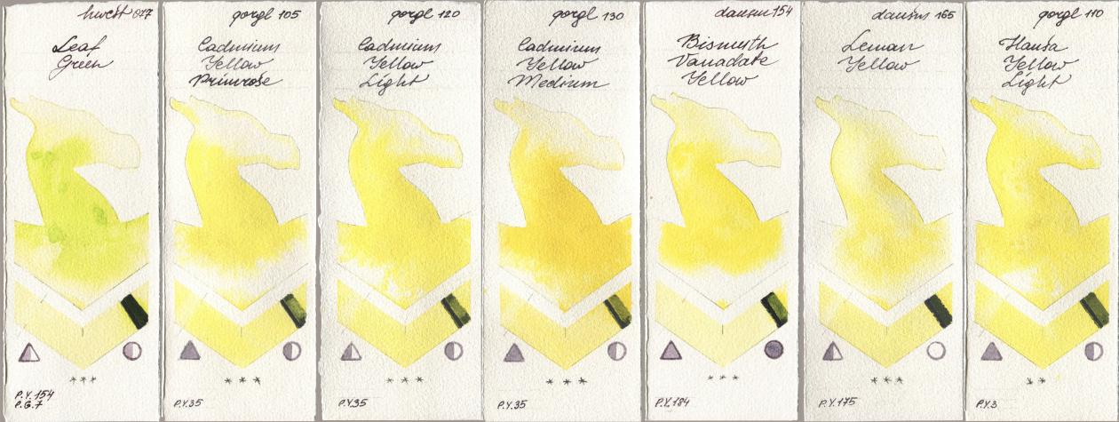 Holbein Artists Watercolor 077 Leaf Green, Golden QOR 105 Cadmium Yellow Primrose, 120 Cadmium Yellow Light, 130 Cadmium Yellow Medium, Daniel Smith 154 Bismuth Vanadate Yellow, 165 Lemon Yellow, 110 Hansa Yellow Lig watercolor swatch