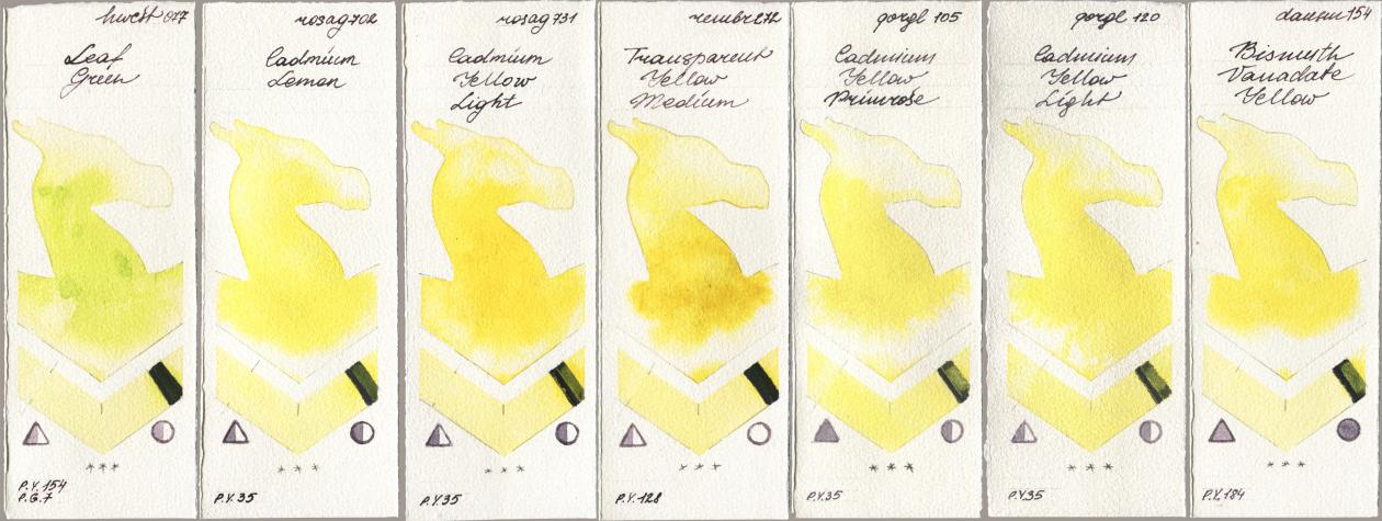 Holbein Artists Watercolor 077 Leaf Green, Rosa Gallery 702 Cadmium Lemon, 731 Cadmium Yellow Light, Royal Talens Rembrandt Watercolour 272 Transparent Yellow Medium, Golden QOR 105 Cadmium Yellow Primrose, 120 Cadmium Yellow Light, Daniel Smith 154 Bismuth Vanadate Yell watercolor swatch