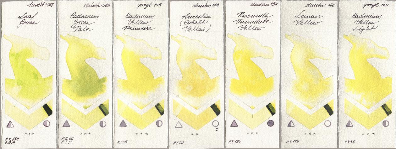 Holbein Artists Watercolor 077 Leaf Green, Shinhan PWC 563 Cadmium Green Pale, Golden QOR 105 Cadmium Yellow Primrose, Daniel Smith 006 Aureolin (Cobalt Yellow), 154 Bismuth Vanadate Yellow, 165 Lemon Yellow, 120 Cadmium Yellow Lig watercolor swatch