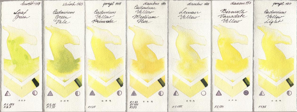 Holbein Artists Watercolor 077 Leaf Green, Shinhan PWC 563 Cadmium Green Pale, Golden QOR 105 Cadmium Yellow Primrose, Daniel Smith 184 Cadmium Yellow Medium Hue, 165 Lemon Yellow, 154 Bismuth Vanadate Yellow, 120 Cadmium Yellow Lig watercolor swatch
