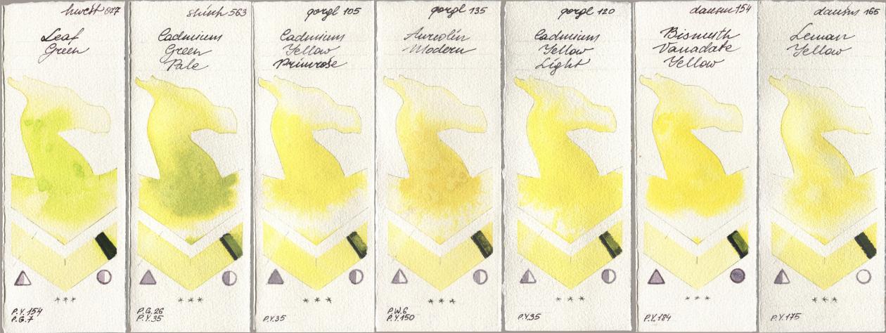 Holbein Artists Watercolor 077 Leaf Green, Shinhan PWC 563 Cadmium Green Pale, Golden QOR 105 Cadmium Yellow Primrose, 135 Aureolin Modern, 120 Cadmium Yellow Light, Daniel Smith 154 Bismuth Vanadate Yellow, 165 Lemon Yell watercolor swatch