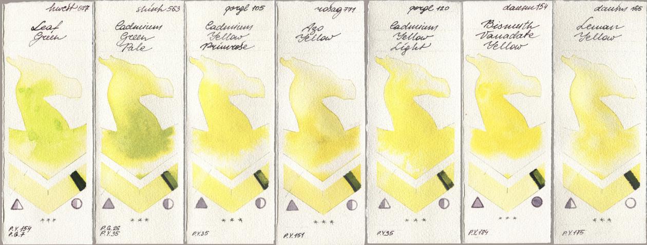 Holbein Artists Watercolor 077 Leaf Green, Shinhan PWC 563 Cadmium Green Pale, Golden QOR 105 Cadmium Yellow Primrose, Rosa Gallery 771 Azo Yellow, 120 Cadmium Yellow Light, Daniel Smith 154 Bismuth Vanadate Yellow, 165 Lemon Yell watercolor swatch