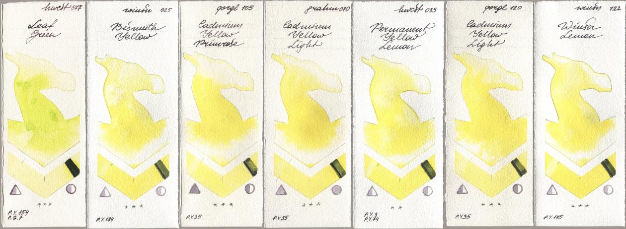 Holbein Artists Watercolor 077 Leaf Green, Winsor & Newton Professional 025 Bismuth Yellow, Golden QOR 105 Cadmium Yellow Primrose, M. Graham & Co. Artists 070 Cadmium Yellow Light, 035 Permanent Yellow Lemon, 120 Cadmium Yellow Light, 722 Winsor Lem watercolor swatch
