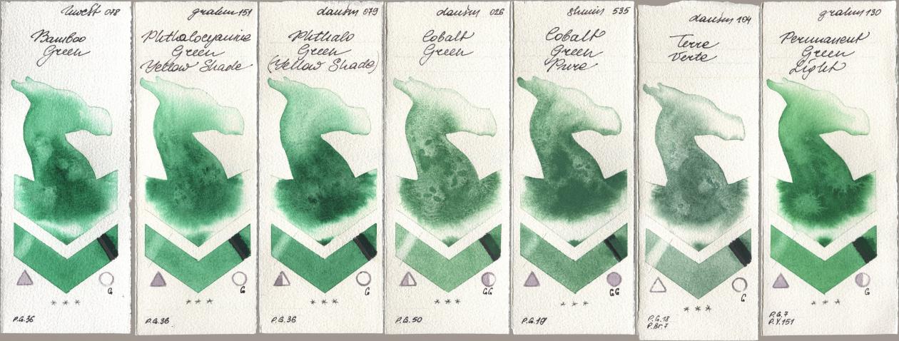 Holbein Artists Watercolor 078 Bamboo Green, M. Graham & Co. Artists 151 Phthalocyanine Green Yellow Shade, Daniel Smith 079 Phthalo Green (Yellow Shade), 026 Cobalt Green, Shminke Horadam Aquarell 535 Cobalt Green Pure, 104 Terre Verte, 130 Permanent Green Lig watercolor swatch