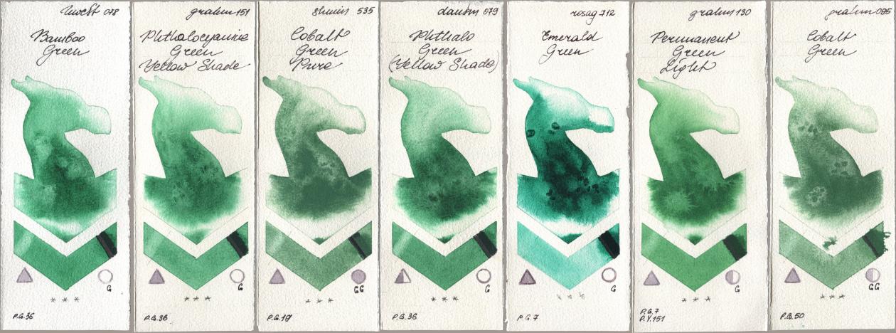 Holbein Artists Watercolor 078 Bamboo Green, M. Graham & Co. Artists 151 Phthalocyanine Green Yellow Shade, Shminke Horadam Aquarell 535 Cobalt Green Pure, Daniel Smith 079 Phthalo Green (Yellow Shade), Rosa Gallery 712 Emerald Green, 130 Permanent Green Light, 095 Cobalt Gre watercolor swatch