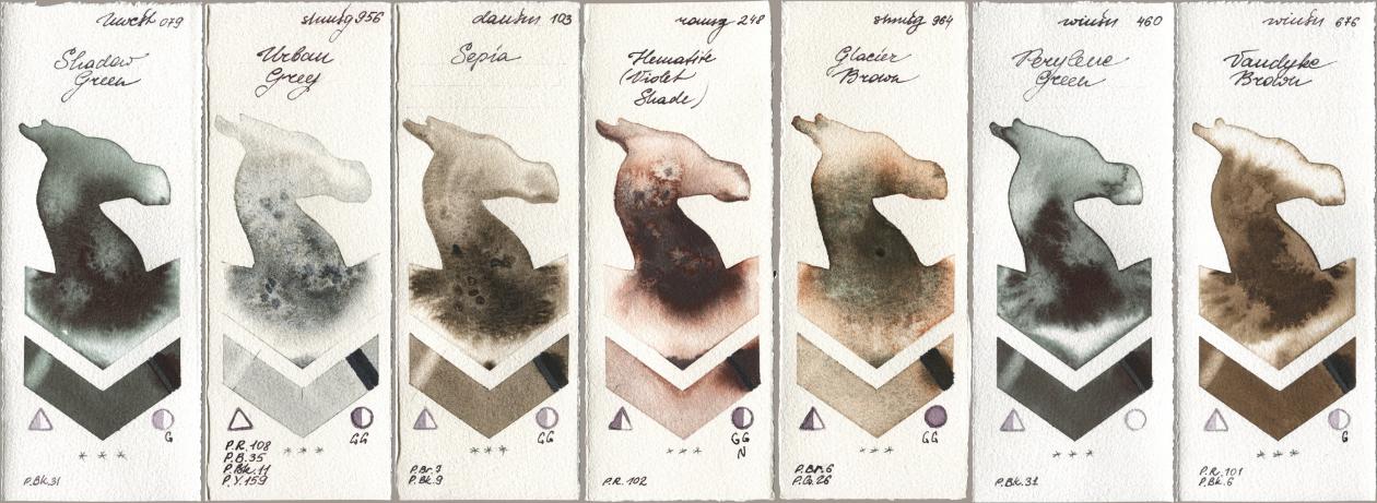 Holbein Artists Watercolor 079 Shadow Green, Shminke Horadam Aquarell 956 Urban Grey, Daniel Smith 103 Sepia, Roman Szmal Aquarius 248 Hematite (Violet Shade), 964 Glacier Brown, Winsor & Newton Professional 460 Perylene Green, 676 Vandyke Bro watercolor swatch