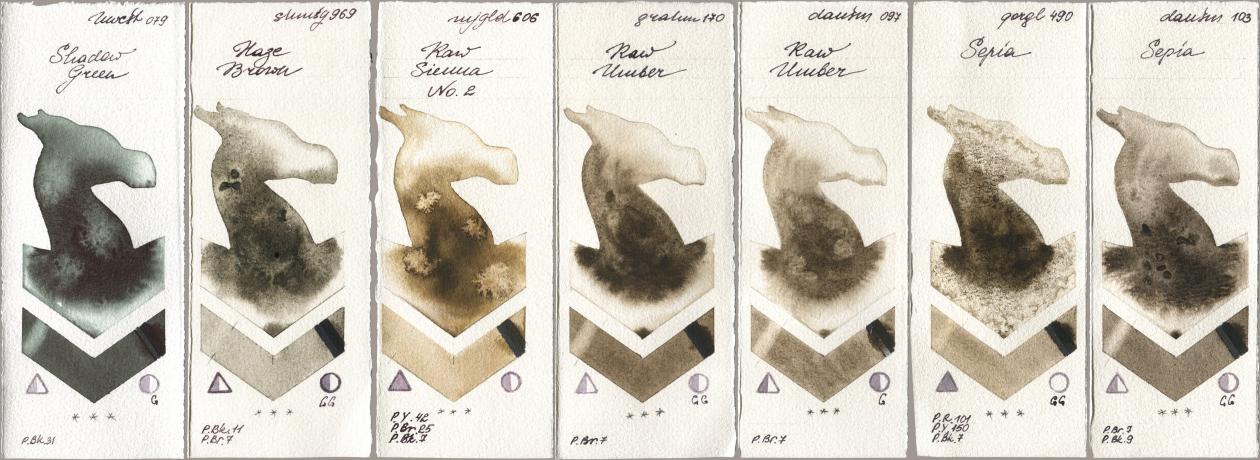 Holbein Artists Watercolor 079 Shadow Green, Shminke Horadam Aquarell 969 Haze Brown, Mijello Mission Gold 606 Raw Sienna No 2, M. Graham & Co. Artists 170 Raw Umber, Daniel Smith 097 Raw Umber, Golden QOR 490 Sepia, 103 Sep watercolor swatch