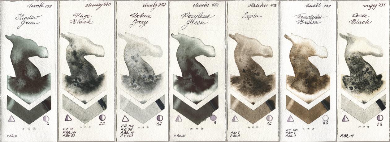 Holbein Artists Watercolor 079 Shadow Green, Shminke Horadam Aquarell 970 Haze Black, 956 Urban Grey, 784 Perylene Green, Daniel Smith 103 Sepia, 139 Vandyke Brown, Royal Talens Van Gogh Watercolour 735 Oxide Bla watercolor swatch
