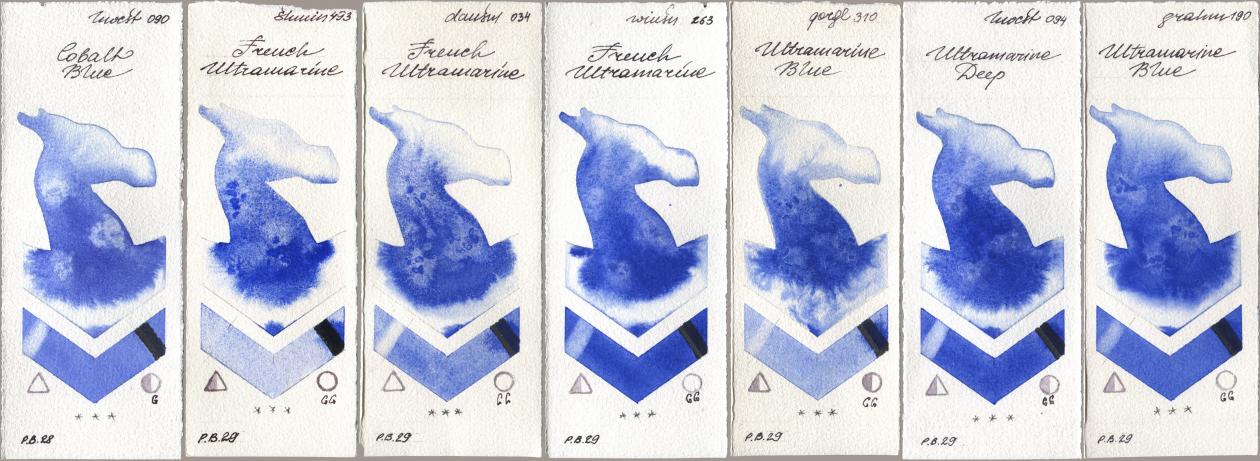Holbein Artists Watercolor 090 Cobalt Blue, Shminke Horadam Aquarell 493 French Ultramarine, Daniel Smith 034 French Ultramarine, Winsor & Newton Professional 263 French Ultramarine, Golden QOR 310 Ultramarine Blue, 094 Ultramarine Deep, M. Graham & Co. Artists 190 Ultramarine Bl watercolor swatch