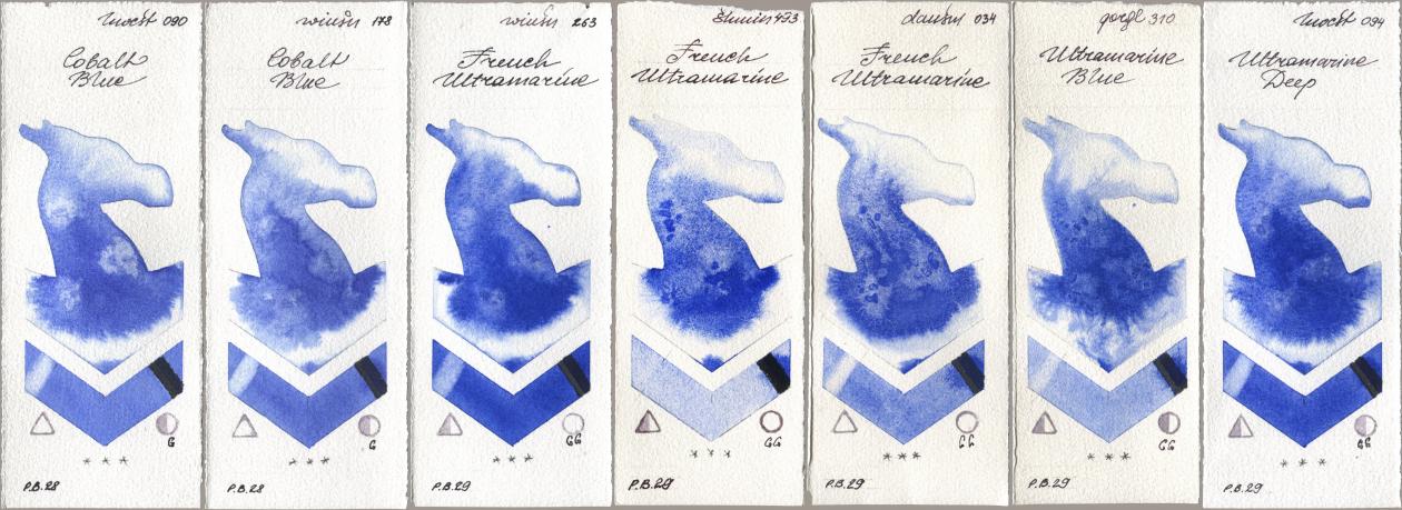 Holbein Artists Watercolor 090 Cobalt Blue, Winsor & Newton Professional 178 Cobalt Blue, 263 French Ultramarine, Shminke Horadam Aquarell 493 French Ultramarine, Daniel Smith 034 French Ultramarine, Golden QOR 310 Ultramarine Blue, 094 Ultramarine De watercolor swatch