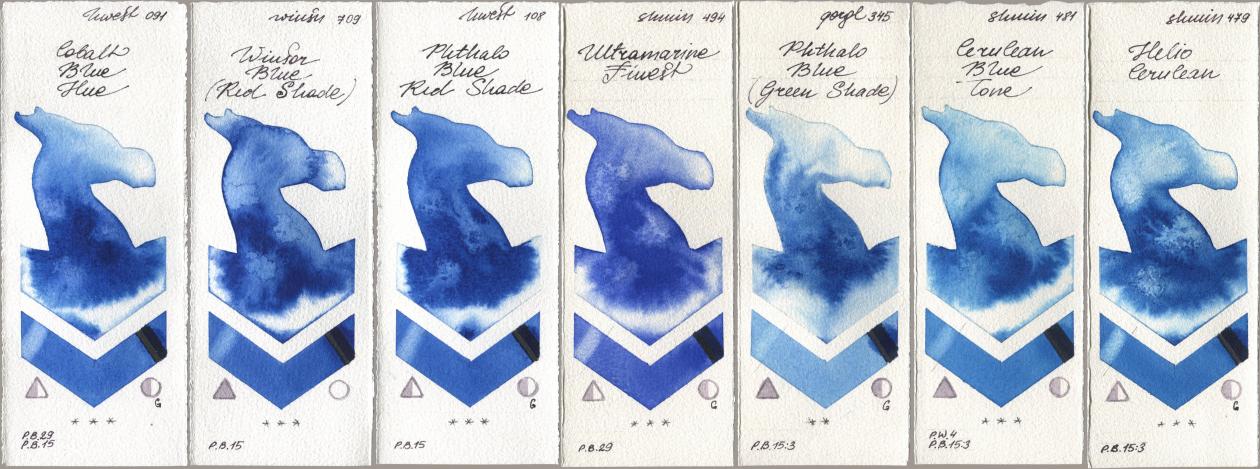 Holbein Artists Watercolor 091 Cobalt Blue Hue, Winsor & Newton Professional 709 Winsor Blue (Red Shade), 108 Phthalo Blue Red Shade, Shminke Horadam Aquarell 494 Ultramarine Finest, Golden QOR 345 Phthalo Blue (Green Shade), 481 Cerulean Blue Tone, 479 Helio Cerule watercolor swatch