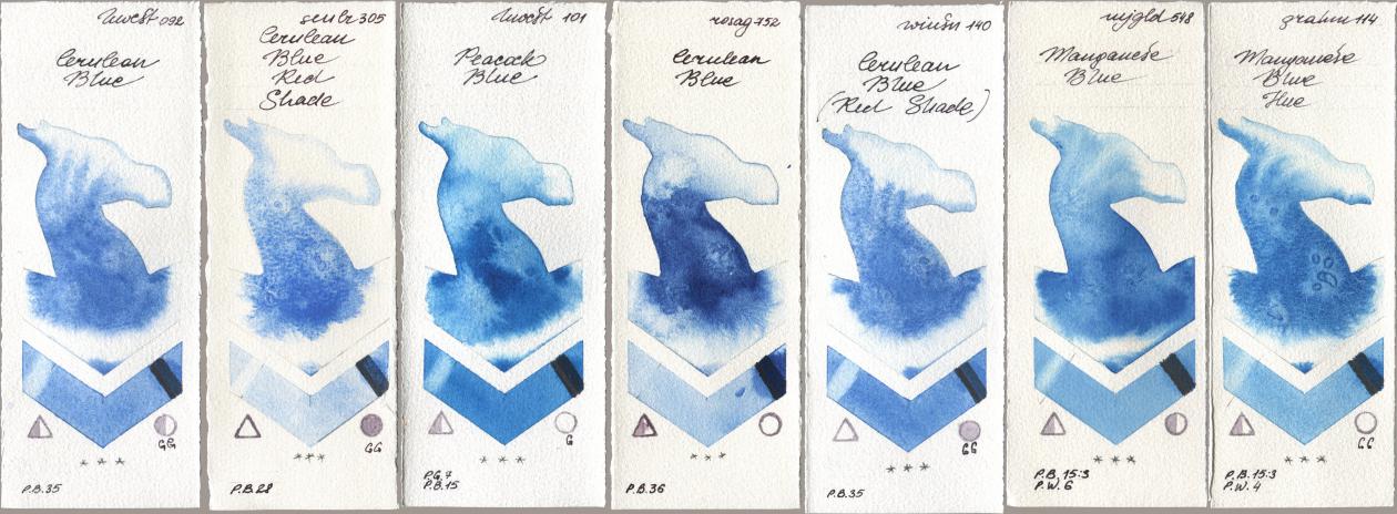 Holbein Artists Watercolor 092 Cerulean Blue, Sennelier l Aquarelle 305 Cerulean Blue Red Shade, 101 Peacock Blue, Rosa Gallery 752 Cerulean Blue, Winsor & Newton Professional 140 Cerulean Blue (Red Shade), Mijello Mission Gold 548 Manganese Blue, M. Graham & Co. Artists 114 Manganese Blue H watercolor swatch