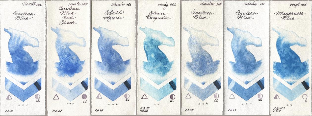 Holbein Artists Watercolor 092 Cerulean Blue, Sennelier l Aquarelle 305 Cerulean Blue Red Shade, Shminke Horadam Aquarell 483 Cobalt Azure, 962 Glacier Turquoise, Daniel Smith 206 Cerulean Blue, Winsor & Newton Professional 137 Cerulean Blue, Golden QOR 355 Manganese Bl watercolor swatch