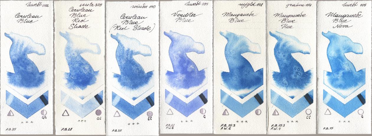 Holbein Artists Watercolor 092 Cerulean Blue, Sennelier l Aquarelle 305 Cerulean Blue Red Shade, Winsor & Newton Professional 140 Cerulean Blue (Red Shade), 095 Verditer Blue, Mijello Mission Gold 548 Manganese Blue, M. Graham & Co. Artists 114 Manganese Blue Hue, 105 Manganese Blue No watercolor swatch