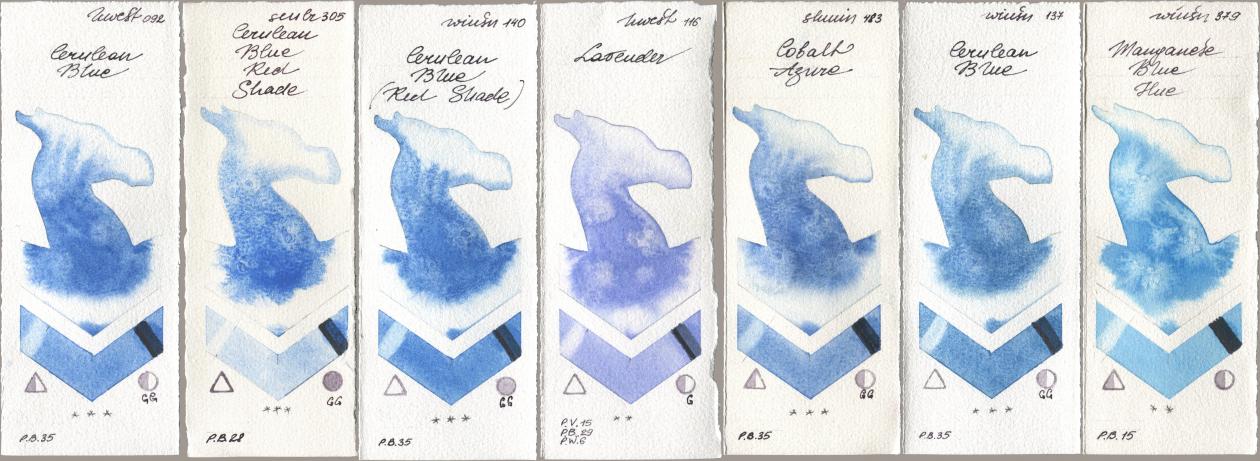 Holbein Artists Watercolor 092 Cerulean Blue, Sennelier l Aquarelle 305 Cerulean Blue Red Shade, Winsor & Newton Professional 140 Cerulean Blue (Red Shade), 116 Lavender, Shminke Horadam Aquarell 483 Cobalt Azure, 137 Cerulean Blue, 379 Manganese Blue H watercolor swatch
