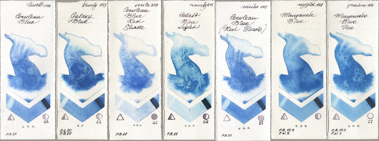 Holbein Artists Watercolor 092 Cerulean Blue, Shminke Horadam Aquarell 973 Galaxy Blue, Sennelier l Aquarelle 305 Cerulean Blue Red Shade, Roman Szmal Aquarius 411 Cobalt Blue Light, Winsor & Newton Professional 140 Cerulean Blue (Red Shade), Mijello Mission Gold 548 Manganese Blue, M. Graham & Co. Artists 114 Manganese Blue H watercolor swatch