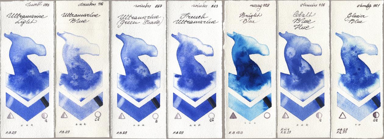 Holbein Artists Watercolor 093 Ultramarine Light, Daniel Smith 106 Ultramarine Blue, Winsor & Newton Professional 667 Ultramarine (Green Shade), 263 French Ultramarine, Rosa Gallery 729 Bright Blue, Shminke Horadam Aquarell 486 Cobalt Blue Hue, 961 Glacier Bl watercolor swatch