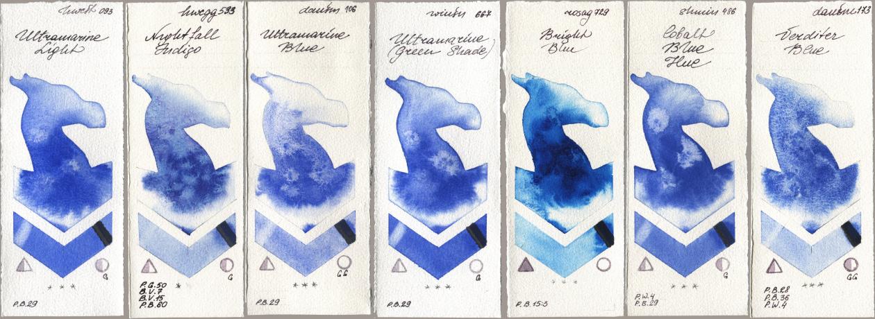 Holbein Artists Watercolor 093 Ultramarine Light, 533 Nightfall Indigo, Daniel Smith 106 Ultramarine Blue, Winsor & Newton Professional 667 Ultramarine (Green Shade), Rosa Gallery 729 Bright Blue, Shminke Horadam Aquarell 486 Cobalt Blue Hue, 173 Verditer Bl watercolor swatch
