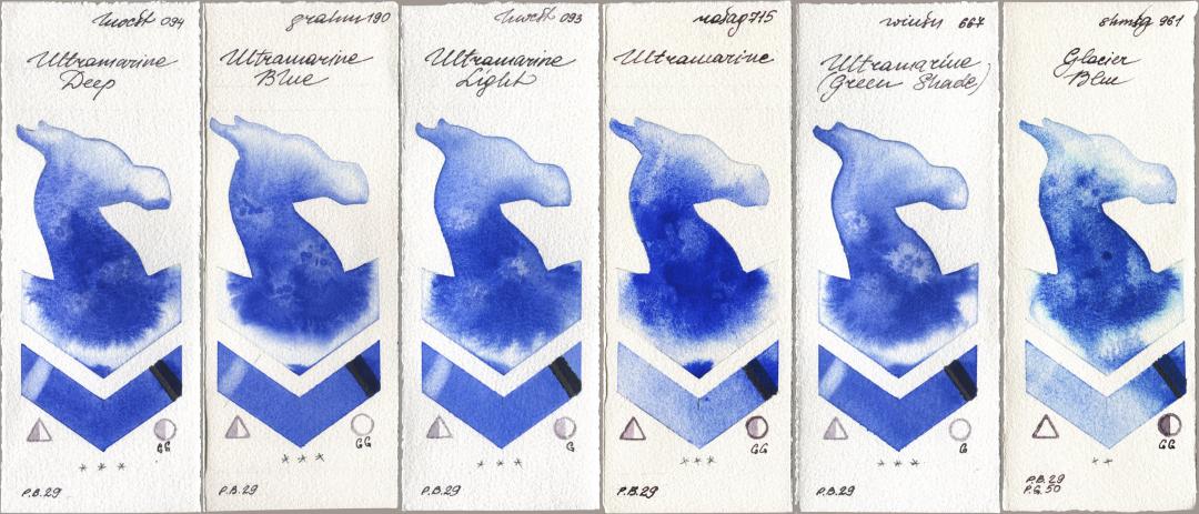 Holbein Artists Watercolor 094 Ultramarine Deep, M. Graham & Co. Artists 190 Ultramarine Blue, 093 Ultramarine Light, Rosa Gallery 715 Ultramarine, Winsor & Newton Professional 667 Ultramarine (Green Shade), Shminke Horadam Aquarell 961 Glacier Bl watercolor swatch