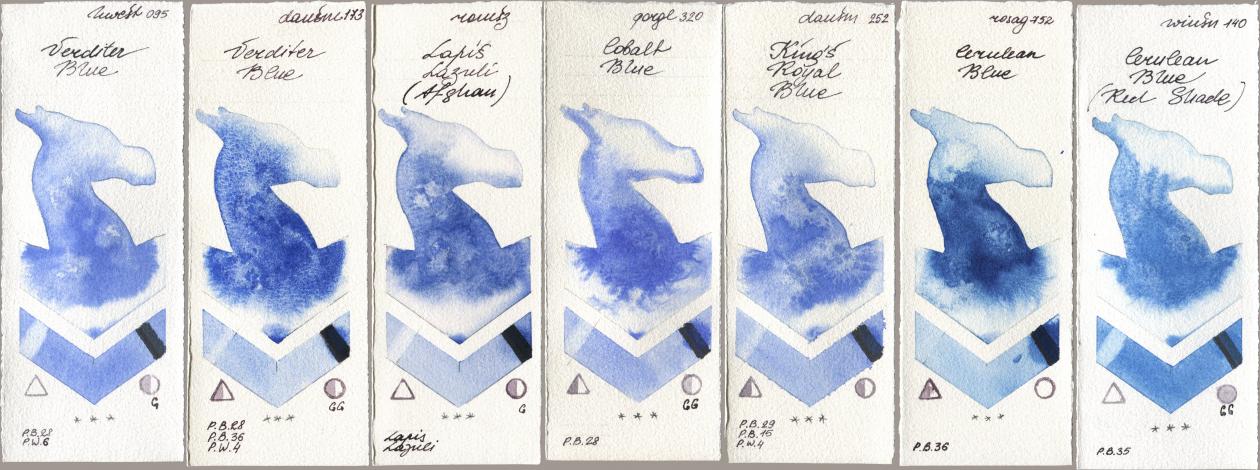 Holbein Artists Watercolor 095 Verditer Blue, Daniel Smith 173 Verditer Blue, Roman Szmal Aquarius 999 Lapis Lazuli Afghan, Golden QOR 320 Cobalt Blue, 252 King’s Royal Blue, Rosa Gallery 752 Cerulean Blue, Winsor & Newton Professional 140 Cerulean Blue (Red Shad watercolor swatch