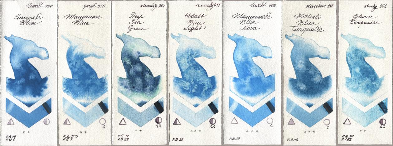 Holbein Artists Watercolor 096 Compose Blue, Golden QOR 355 Manganese Blue, Shminke Horadam Aquarell 954 Deep Sea Green, Roman Szmal Aquarius 411 Cobalt Blue Light, 105 Manganese Blue Nova, Daniel Smith 247 Phthalo Blue Turquoise, 962 Glacier Turquoi watercolor swatch