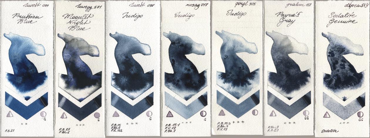 Holbein Artists Watercolor 097 Prussian Blue, 571 Moonlit Night Blue, 098 Indigo, Rosa Gallery 717 Indigo, Golden QOR 305 Indigo, M. Graham & Co. Artists 128 Payne’s Gray, Daniel Smith 179 Sodalite Genui watercolor swatch