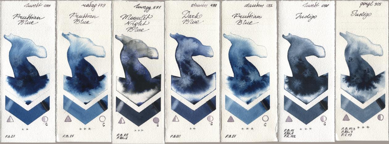 Holbein Artists Watercolor 097 Prussian Blue, Rosa Gallery 779 Prussian Blue, 571 Moonlit Night Blue, Shminke Horadam Aquarell 498 Dark Blue, Daniel Smith 082 Prussian Blue, 098 Indigo, Golden QOR 305 Indi watercolor swatch