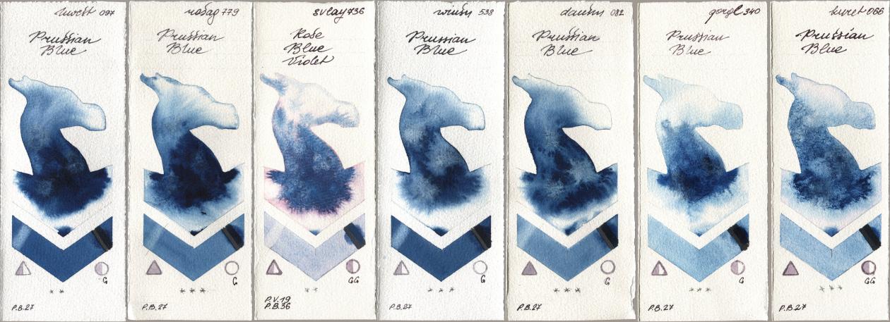 Holbein Artists Watercolor 097 Prussian Blue, Rosa Gallery 779 Prussian Blue, SuperVision 736 Rose Blue Violet, Winsor & Newton Professional 538 Prussian Blue, Daniel Smith 082 Prussian Blue, Golden QOR 340 Prussian Blue, Kuretake Gansai Tambi 066 Prussian Bl watercolor swatch