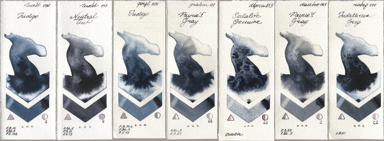 Holbein Artists Watercolor 098 Indigo, 157 Neutral Tint, Golden QOR 305 Indigo, M. Graham & Co. Artists 128 Payne’s Gray, Daniel Smith 179 Sodalite Genuine, 065 Paynes Gray, Rosa Gallery 778 Indanthrene Gr watercolor swatch