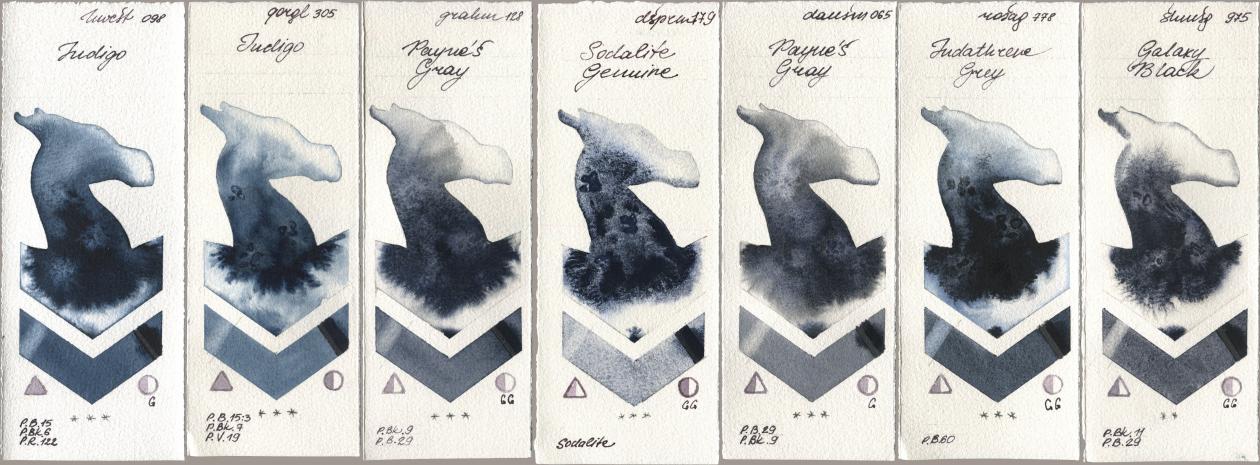 Holbein Artists Watercolor 098 Indigo, Golden QOR 305 Indigo, M. Graham & Co. Artists 128 Payne’s Gray, Daniel Smith 179 Sodalite Genuine, 065 Paynes Gray, Rosa Gallery 778 Indanthrene Grey, Shminke Horadam Aquarell 975 Galaxy Bla watercolor swatch