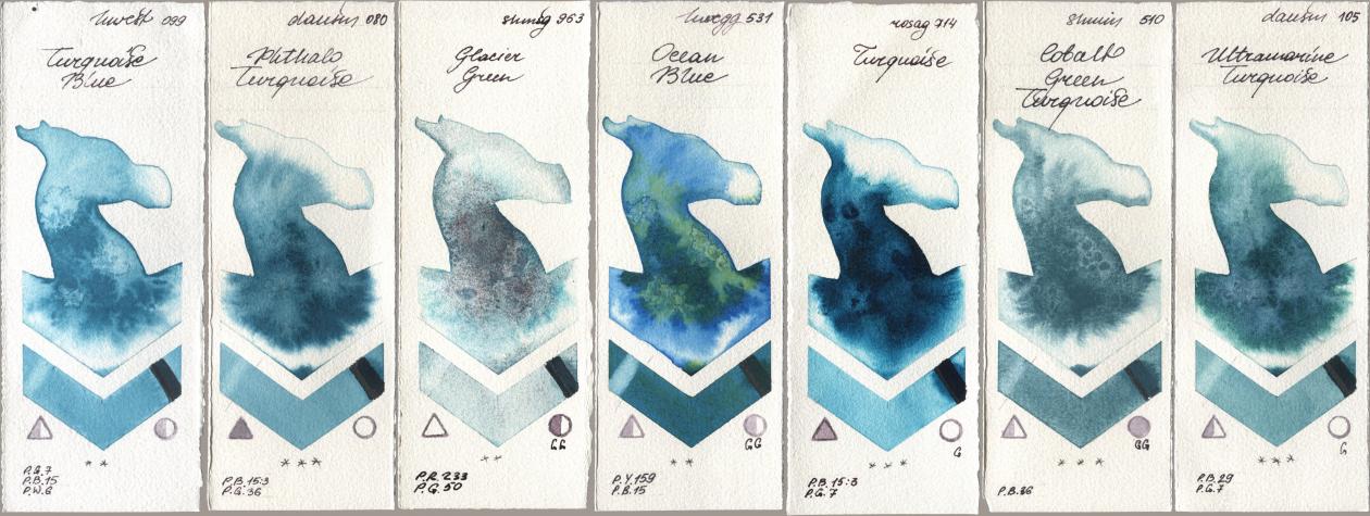 Holbein Artists Watercolor 099 Turquoise Blue, Daniel Smith 080 Phthalo Turquoise, Shminke Horadam Aquarell 963 Glacier Green, 531 Ocean Blue, Rosa Gallery 714 Turquoise, 510 Cobalt Green Turquoise, 105 Ultramarine Turquoi watercolor swatch