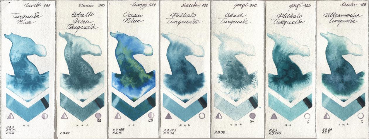 Holbein Artists Watercolor 099 Turquoise Blue, Shminke Horadam Aquarell 510 Cobalt Green Turquoise, 531 Ocean Blue, Daniel Smith 080 Phthalo Turquoise, Golden QOR 370 Cobalt Turquoise, 365 Phthalo Turquoise, 105 Ultramarine Turquoi watercolor swatch